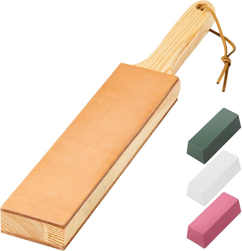 Angerstone Double Side Leather Strop for Knife Sharpening - 14"x 2" Stropping Block Kit with Polishing Compound, Knife Strop with Ergonomic Handle for Honing Knives, Woodworking Chisels - Image 1